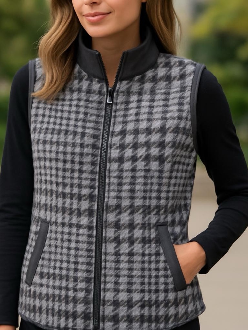 Bob Timberlake Womens Grey‎ Houndstooth Wool Blend Quilted Zip Vest Medium